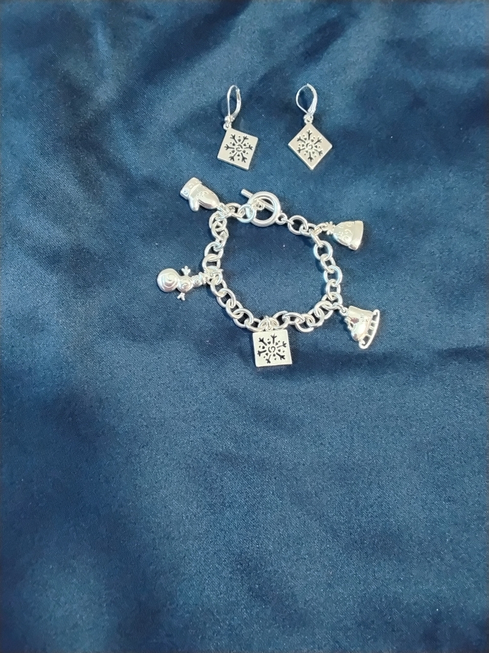 Sterling Silver Snowflake Charm Bracelet and Earring Set - Silver